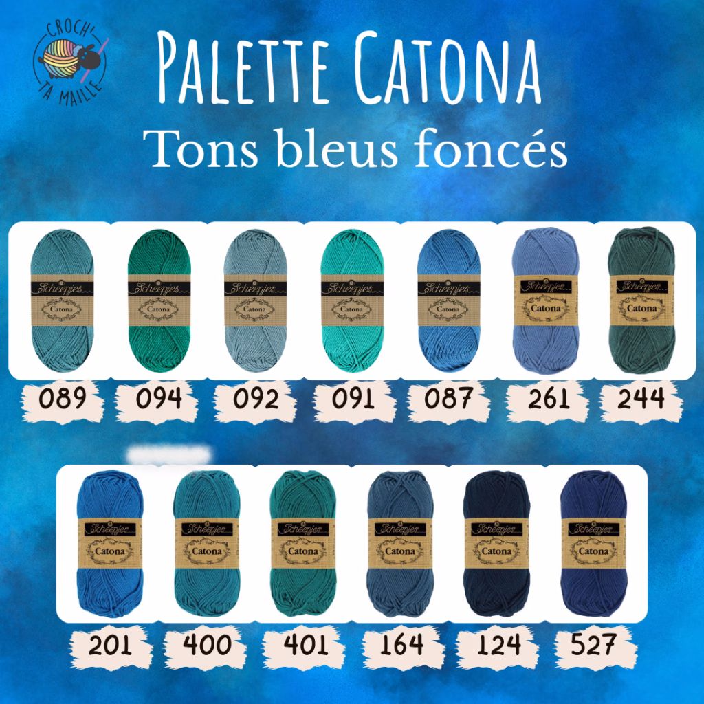 La palette bleus foncés du Scheepjes Catona regroupe 13 coloris harmonieux dans un coton mercerisé doux, brillant et certifié EN71-3. Disponible en trois grammages — 50g, 25g et 10g — pour t'adapter à tous tes projets, du grand ouvrage aux petites touches multicolores.
