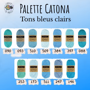 La palette bleus clairs du Scheepjes Catona regroupe 12 coloris harmonieux dans un coton mercerisé doux, brillant et certifié EN71-3. Disponible en trois grammages — 50g, 25g et 10g — pour t'adapter à tous tes projets, du grand ouvrage aux petites touches multicolores.