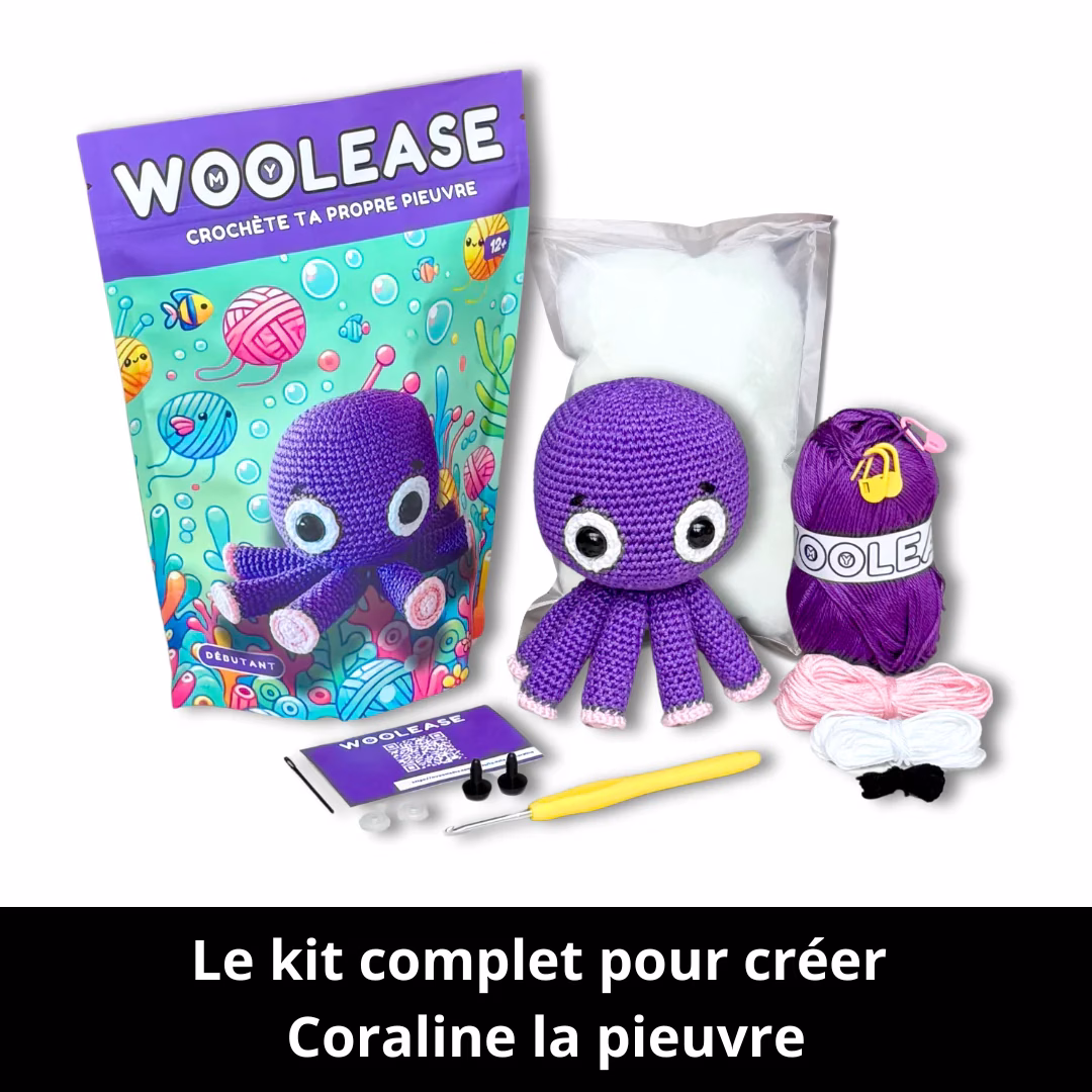 Découvre le Kit de Crochet Coraline la Pieuvre : un kit complet pour créer une pieuvre élégante avec des tutos vidéo et des accessoires. Prêt.e à plonger ?