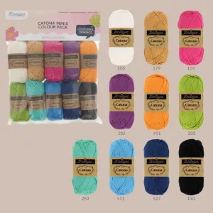 Découvre les packs Scheepjes Catona : 10 mini pelotes coton 25g assorties, idéales pour le crochet d’amigurumis, accessoires et petits projets.