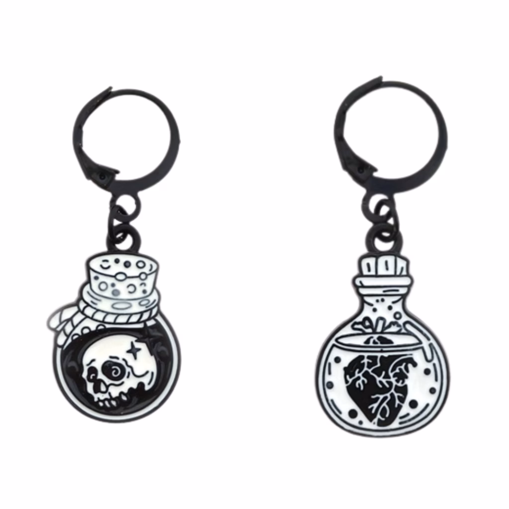 Découvre les Marqueurs de Maille Potion : 2 variations magiques (potion crâne et potion cœur) en vase rond, pour ajouter mystère et style à ton crochet ou tricot.