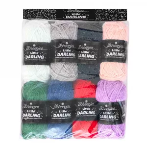 Découvre le Pack Scheepjes Little Darling Sparkle Colour : 8 mini pelotes de fil chenille scintillant et doux parfait pour les accessoires festifs de Noël.