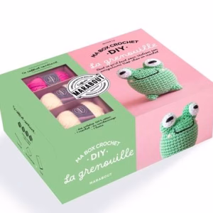 Craque pour Ma box crochet DIY La grenouille Apily : un kit complet avec fils coton, crochet, rembourrage et livret illustré pour réaliser un amigurumi trop chou.