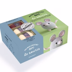 Craque pour Ma box crochet DIY La souris Apily : un kit complet avec fils coton, yeux de sécurité, crochet, rembourrage et livret illustré pour réaliser un amigurumi adorable.