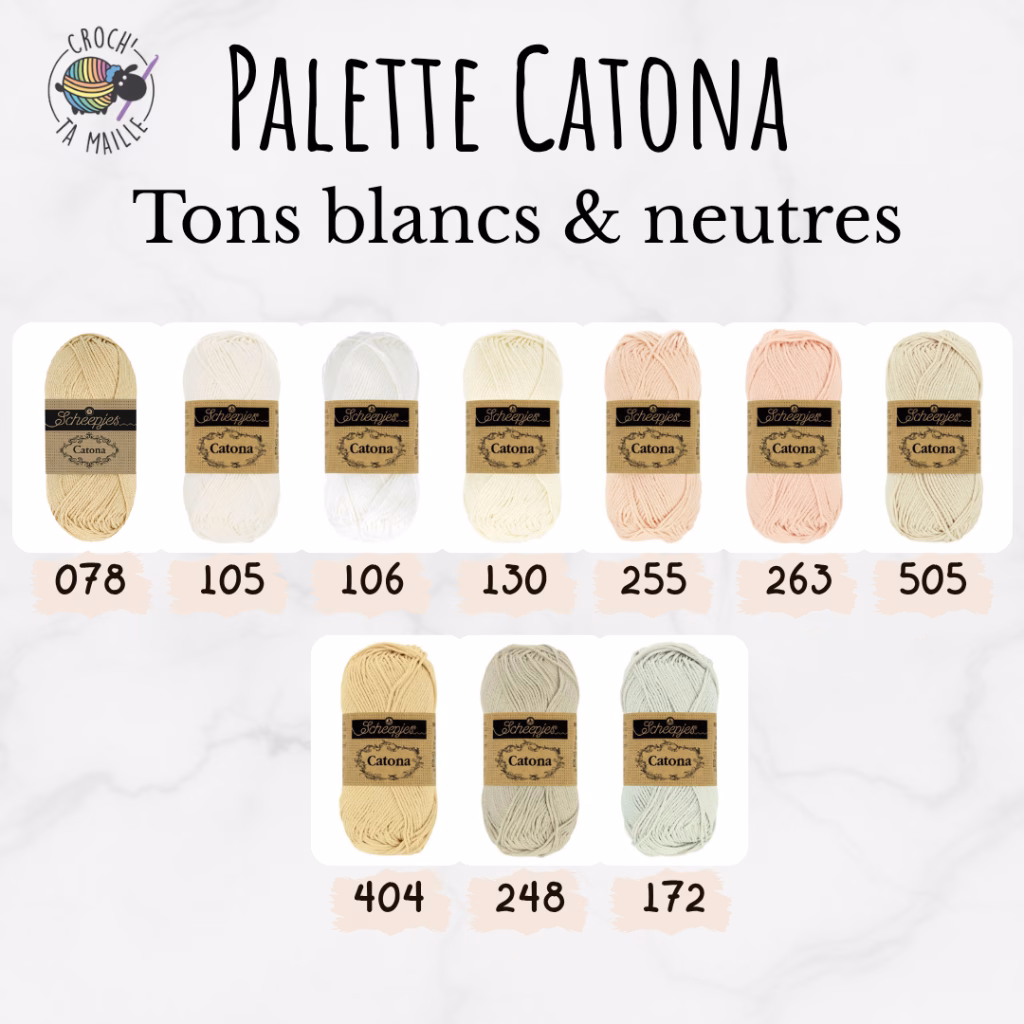 Découvrez le fil coton blanc Scheepjes Catona en 50g, 25g et 10g. Coton mercerisé certifié EN71-3, 10 coloris harmonieux pour tous tes projets crochet et tricot.