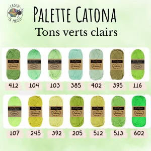 La palette verts clairs du Scheepjes Catona regroupe 14 coloris harmonieux dans un coton mercerisé doux, brillant et certifié EN71-3. Disponible en trois grammages — 50g, 25g et 10g — pour t'adapter à tous tes projets, du grand ouvrage aux petites touches multicolores.