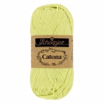 La palette verts clairs du Scheepjes Catona regroupe 14 coloris harmonieux dans un coton mercerisé doux, brillant et certifié EN71-3. Disponible en trois grammages — 50g, 25g et 10g — pour t'adapter à tous tes projets, du grand ouvrage aux petites touches multicolores.