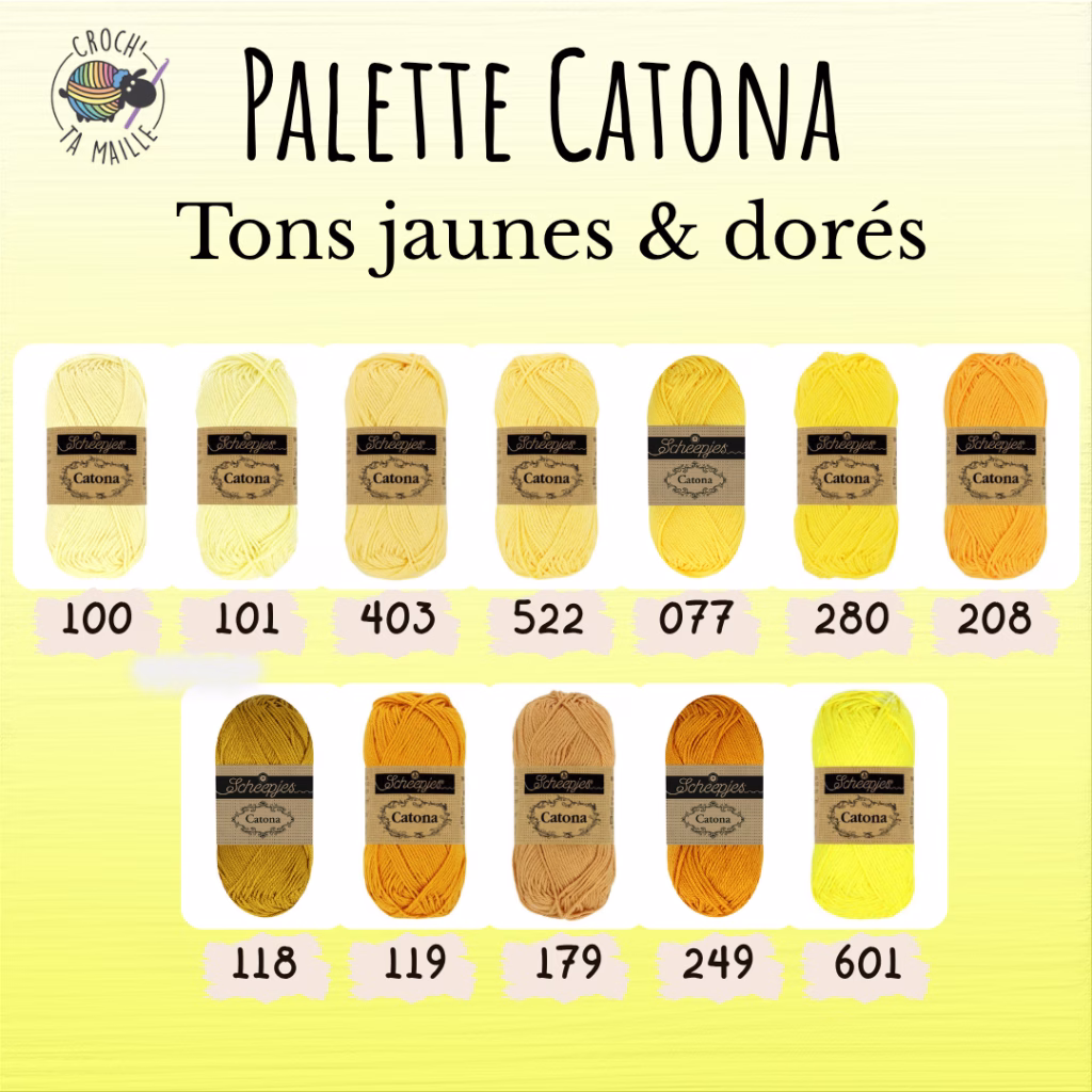 Découvrez le fil coton jaune doré Scheepjes Catona en 50g, 25g et 10g. Coton mercerisé certifié EN71-3, coloris harmonieux pour tous tes projets crochet.
