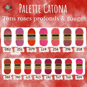La palette roses profonds - rouges du Scheepjes Catona regroupe 15 coloris harmonieux dans un coton mercerisé doux, brillant et certifié EN71-3. Disponible en trois grammages — 50g, 25g et 10g — pour t'adapter à tous tes projets, du grand ouvrage aux petites touches multicolores.