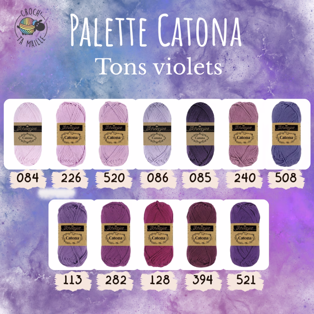 La palette violets du Scheepjes Catona regroupe 12 coloris harmonieux dans un coton mercerisé doux, brillant et certifié EN71-3. Disponible en trois grammages — 50g, 25g et 10g — pour t'adapter à tous tes projets, du grand ouvrage aux petites touches multicolores.