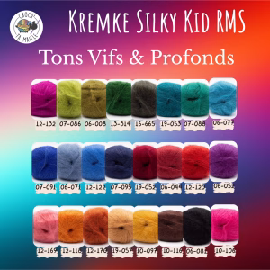 Découvre le Kremke Silky Kid RMS en tons vifs et profonds : un fil mohair soie certifié RMS aux couleurs intenses et lumineuses. 210 m / 25 g, 28 microns.