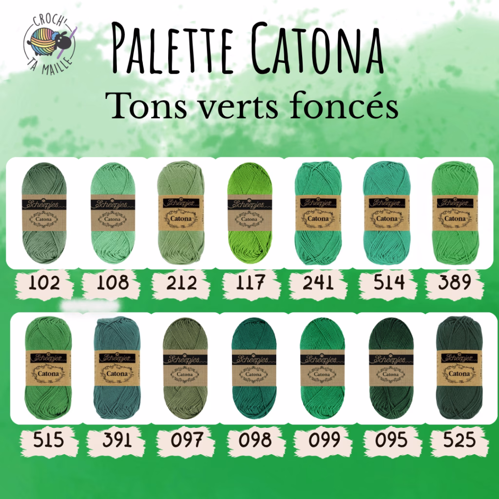 La palette verts foncés du Scheepjes Catona regroupe 14 coloris harmonieux dans un coton mercerisé doux, brillant et certifié EN71-3. Disponible en trois grammages — 50g, 25g et 10g — pour t'adapter à tous tes projets, du grand ouvrage aux petites touches multicolores.