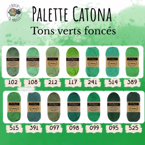 La palette verts foncés du Scheepjes Catona regroupe 14 coloris harmonieux dans un coton mercerisé doux, brillant et certifié EN71-3. Disponible en trois grammages — 50g, 25g et 10g — pour t'adapter à tous tes projets, du grand ouvrage aux petites touches multicolores.