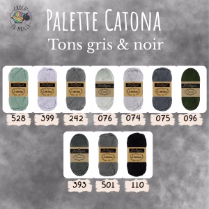 Découvrez le fil coton gris noir Scheepjes Catona en 50g, 25g et 10g. Coton mercerisé certifié EN71-3, coloris harmonieux pour tous tes projets crochet.