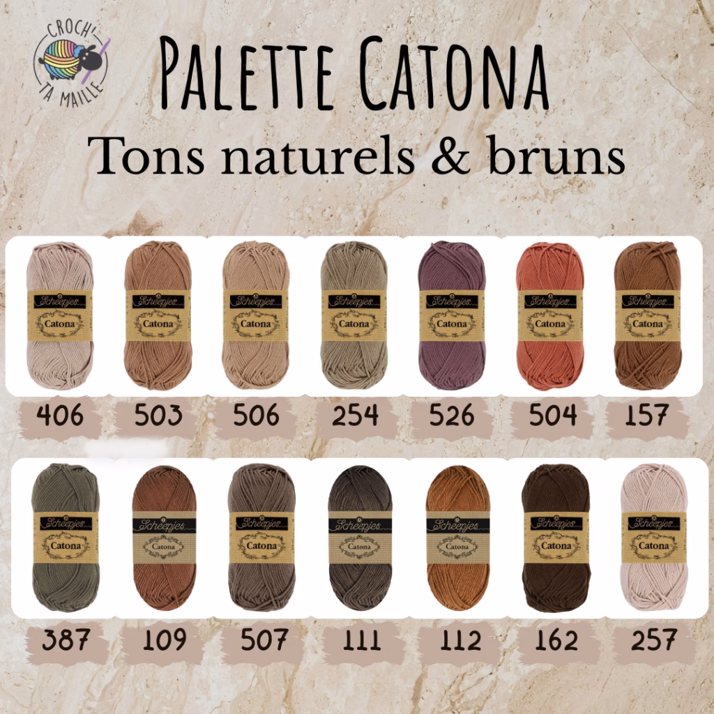 Découvrez le Fil coton marron beige Scheepjes Catona en 50g, 25g et 10g. Coton mercerisé certifié EN71-3, coloris harmonieux pour tous tes projets crochet.