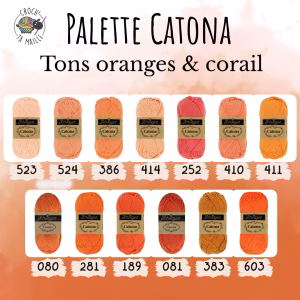 La palette oranges - corail du Scheepjes Catona regroupe 13 coloris harmonieux dans un coton mercerisé doux, brillant et certifié EN71-3. Disponible en trois grammages — 50g, 25g et 10g — pour t'adapter à tous tes projets, du grand ouvrage aux petites touches multicolores.