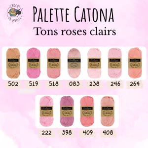 La palette roses clairs du Scheepjes Catona regroupe 11 coloris harmonieux dans un coton mercerisé doux, brillant et certifié EN71-3. Disponible en trois grammages — 50g, 25g et 10g — pour t'adapter à tous tes projets, du grand ouvrage aux petites touches multicolores.