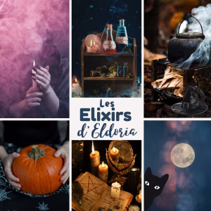 Moodboard de la box Knitwitch Les Élixirs d’Eldoria : potions, chaudron fumant, bougies, grimoire, citrouille, pleine lune, chat noir et fumée rose.