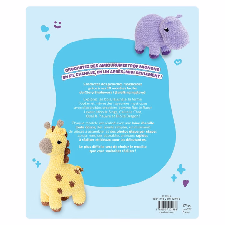 Crochète 30 squishies au crochet ultra-moelleux en fil chenille avec le livre de Glory Shofowora : raton laveur, chat, pieuvre, dragon… Idéal débutant·es. Commande-le !
