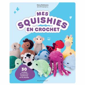 Crochète 30 squishies au crochet ultra-moelleux en fil chenille avec le livre de Glory Shofowora : raton laveur, chat, pieuvre, dragon… Idéal débutant·es. Commande-le !