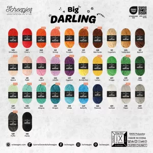 Le fil chenille Scheepjes Big Darling est ultra doux et super épais : 150 g, 90 m, 32 coloris. Parfait pour amigurumis XXL, coussins et déco cosy. Craque !