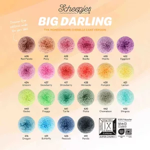 Le fil chenille dégradé Big Darling Monochrome Cake : 300 g, 180 m, effet ombré intégré sans changer de pelote. 22 coloris, certifié OEKO-TEX.